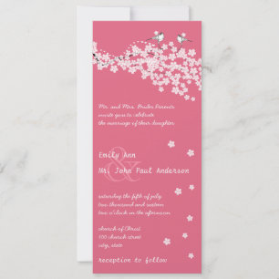 Cherry Blossom Chickadee Damask Wedding Kaart