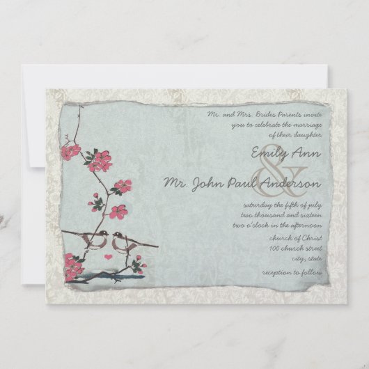  Cherry Blossom Chickadee Damask Wedding Kaart (Voorkant)