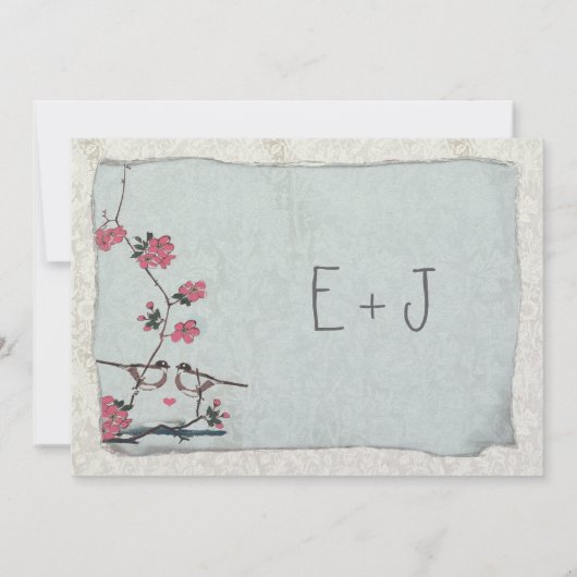  Cherry Blossom Chickadee Damask Wedding Kaart (Achterkant)