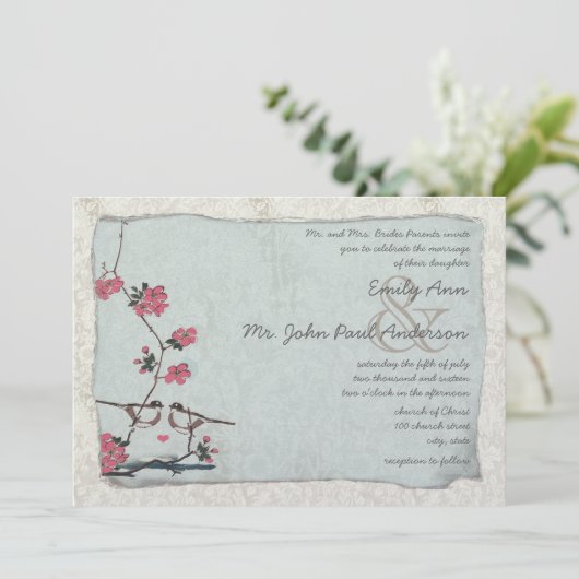  Cherry Blossom Chickadee Damask Wedding Kaart (Staand voorkant)
