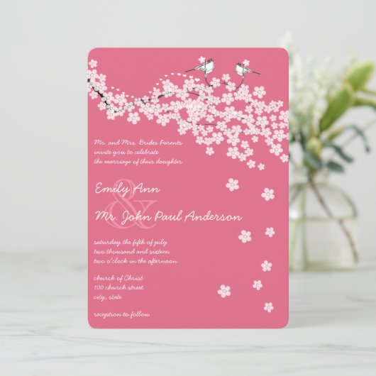 Cherry Blossom Chickadee Damask Wedding Kaart (Staand voorkant)