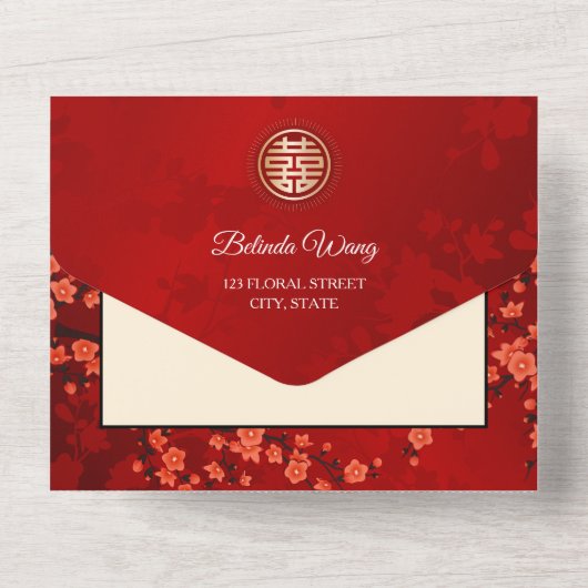 Cherry Blossom Chinese Wedding All In One Uitnodiging (Achterkant)