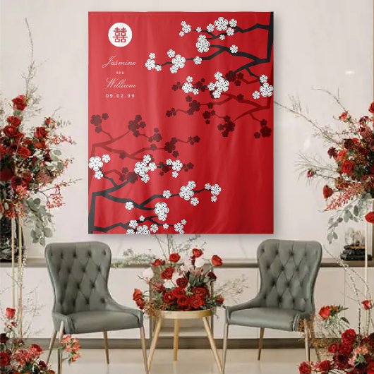 Cherry Blossom Chinese Wedding Red Foto Achtergron Wandkleed