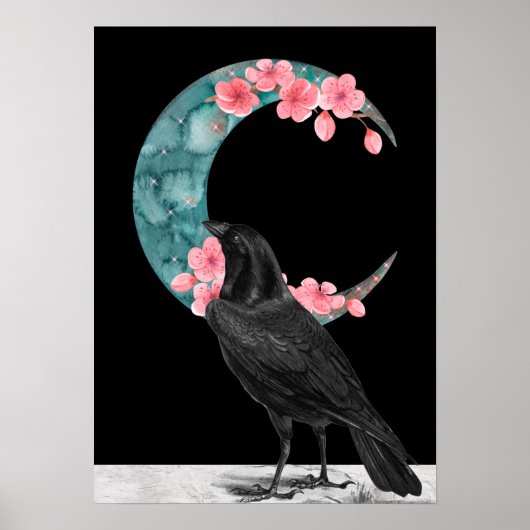 Cherry Blossom Crescent Moon and Crow Poster (Voorkant)