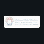 Cherry Blossom Crest Script Bruiloft Retouradres Etiket<br><div class="desc">Dit retouradres label heeft een mooie kersenbloesem crest met namen in een script lettertype en het adres in alle petten.</div>