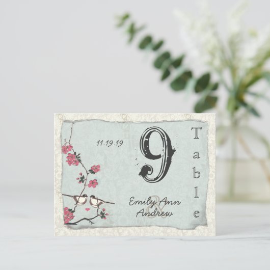 Cherry Blossom Damask Wedding Table Number Briefkaart (Staand voorkant)