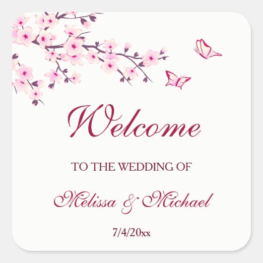 Cherry Blossom Dank je bruiloft Welkom Vierkante Sticker (Voorkant)