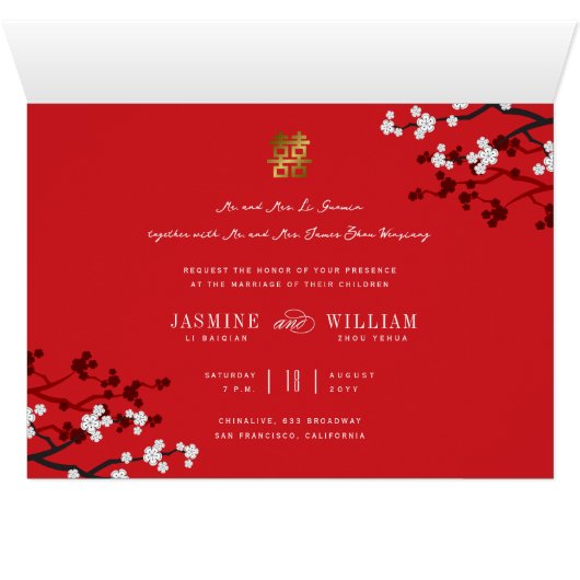 Cherry Blossom Double Happiness Chinese bruiloft (Binenzijde Horizontaal (Onderkant))