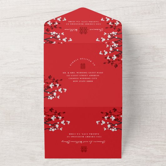 Cherry Blossom Double Happiness Chinese bruiloft All In One Uitnodiging (Buitenkant)
