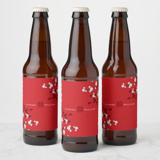 Cherry Blossom Double Happiness Chinese bruiloft Bier Etiket (Flessen)