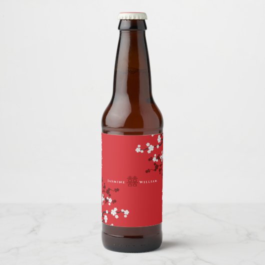 Cherry Blossom Double Happiness Chinese bruiloft Bier Etiket (Voorkant)