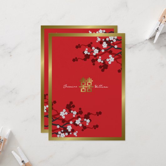 Cherry Blossom Double Happiness Chinese bruiloft Kaart (Voorkant / Achterkant in situ)
