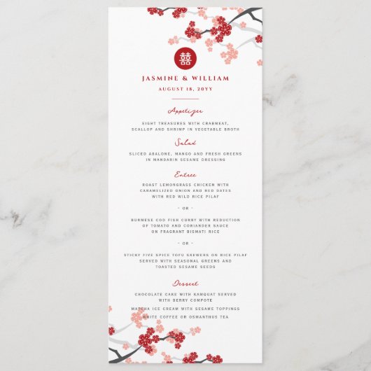 Cherry Blossom Double Happiness Chinese bruiloft Menu (Voorkant)