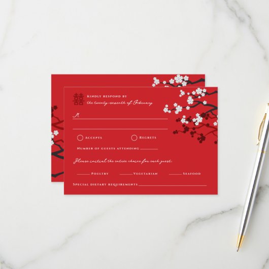 Cherry Blossom Double Happiness Chinese bruiloft RSVP Kaartje (Voorkant / Achterkant in situ)
