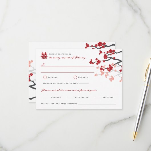Cherry Blossom Double Happiness Chinese bruiloft RSVP Kaartje (Voorkant / Achterkant in situ)