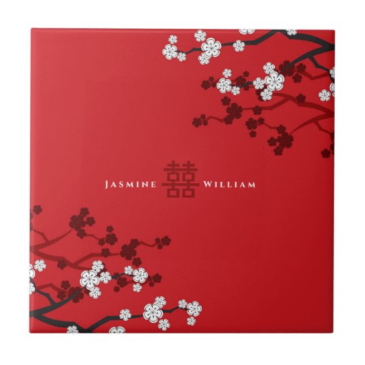 Cherry Blossom Double Happiness Chinese bruiloft Tegeltje (Voorkant)