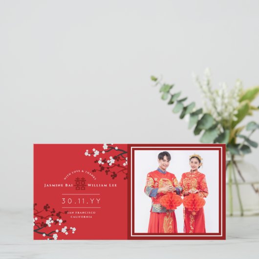 Cherry Blossom & Double Happiness Chinese Wedding Bedankkaart (Staand voorkant)