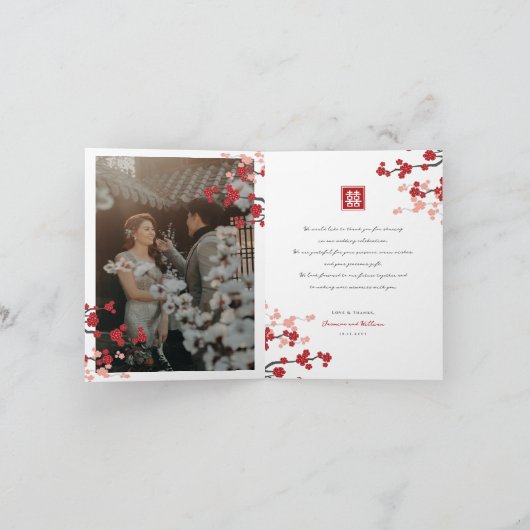 Cherry Blossom & Double Happiness Chinese Wedding Bedankkaart (Binnen)