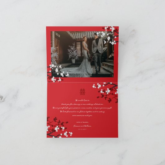Cherry Blossom & Double Happiness Chinese Wedding Bedankkaart (Binnen)