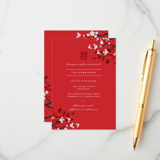 Cherry Blossom & Double Happiness Chinese Wedding Informatiekaartje (Voorkant / Achterkant in situ)