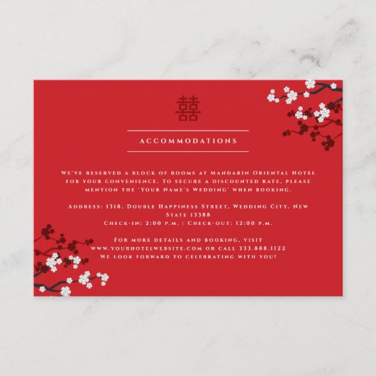 Cherry Blossom & Double Happiness Chinese Wedding Informatiekaartje (Voorkant)