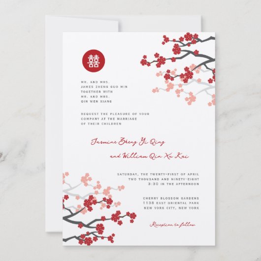 Cherry Blossom & Double Happiness Chinese Wedding Kaart (Achterkant)