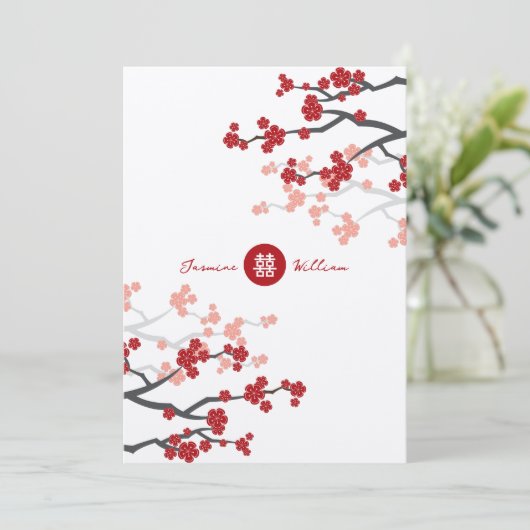 Cherry Blossom & Double Happiness Chinese Wedding Kaart (Staand voorkant)