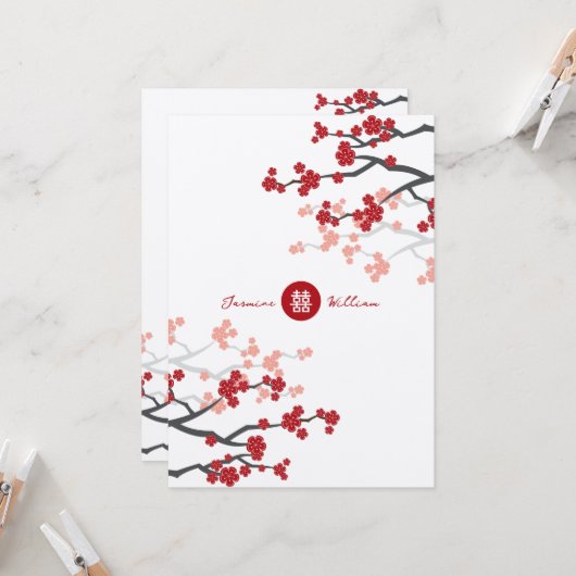 Cherry Blossom & Double Happiness Chinese Wedding Kaart (Voorkant / Achterkant in situ)