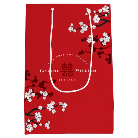 Cherry Blossom & Double Happiness Chinese Wedding Medium Cadeauzakje (Achterkant)