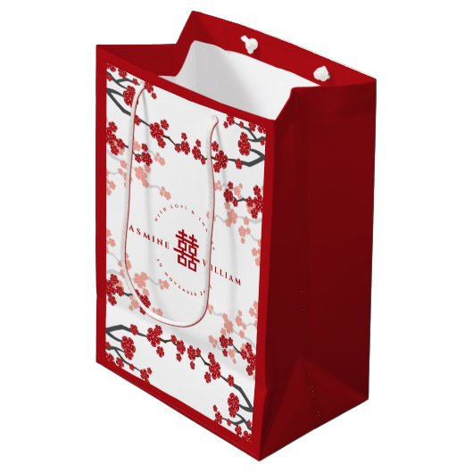 Cherry Blossom & Double Happiness Chinese Wedding Medium Cadeauzakje (Voorkant Gekanteld)