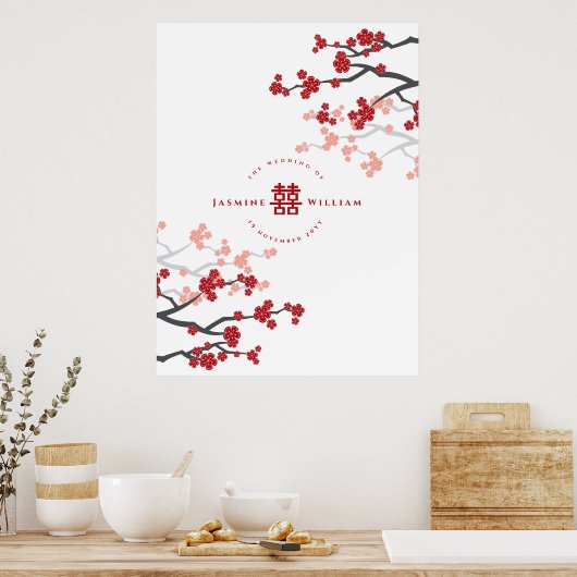Cherry Blossom & Double Happiness Chinese Wedding Poster (Keuken)