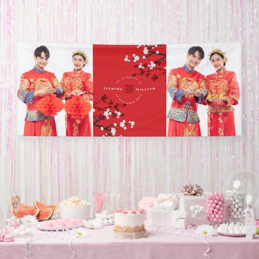 Cherry Blossom & Double Happiness Chinese Wedding Spandoek (Feest)