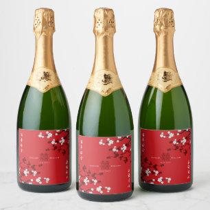 Cherry Blossom & Double Happiness Chinese Wedding Sparkling Wijnetiket