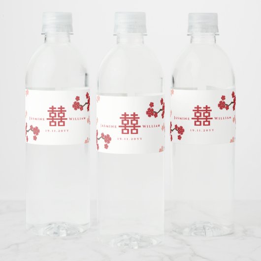 Cherry Blossom & Double Happiness Chinese Wedding Waterfles Etiket (Flessen)