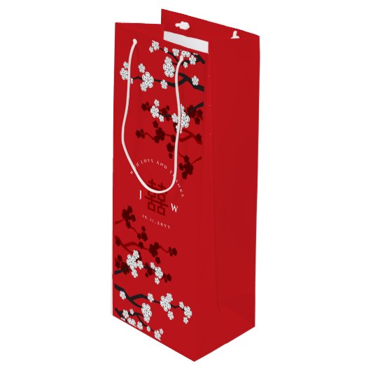 Cherry Blossom & Double Happiness Chinese Wedding Wijn Cadeautas (Voorkant Gekanteld)