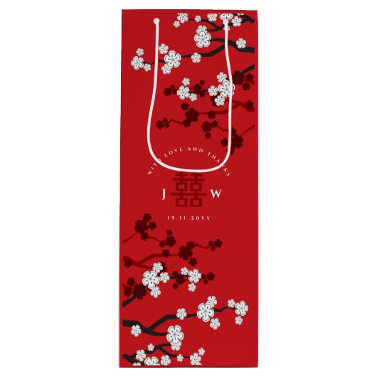 Cherry Blossom & Double Happiness Chinese Wedding Wijn Cadeautas (Voorkant)