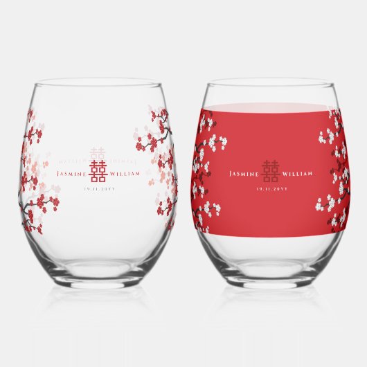 Cherry Blossom & Double Happiness Chinese Wedding Wijnglas Zonder Voet (Achterkant)