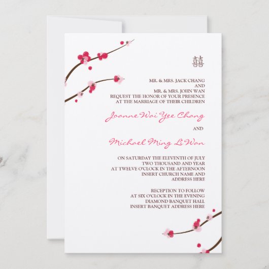 Cherry Blossom Double Happiness Invitation Kaart (Voorkant)