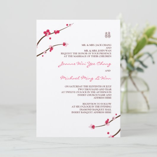 Cherry Blossom Double Happiness Invitation Kaart (Staand voorkant)