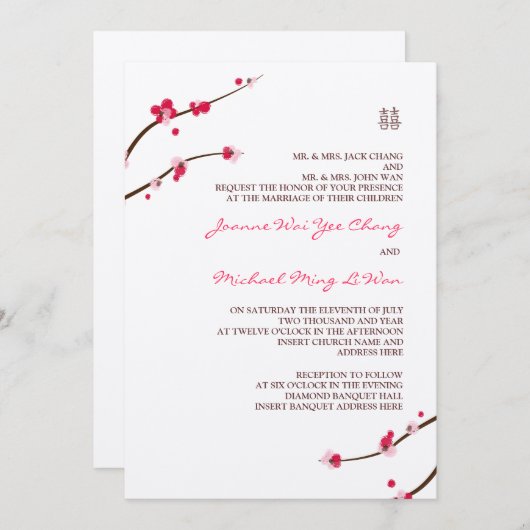 Cherry Blossom Double Happiness Invitation Kaart (Voorkant / Achterkant)
