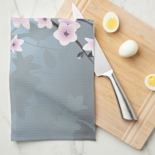 Cherry Blossom Dusky Pink Blue Floral Theedoek (Quarter Fold)