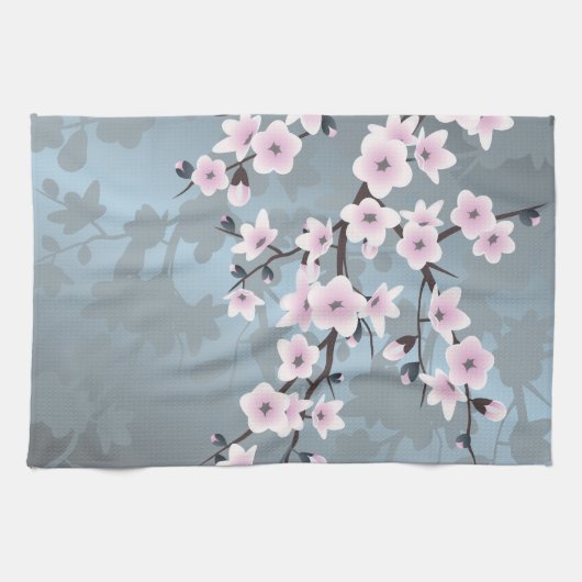 Cherry Blossom Dusky Pink Blue Floral Theedoek (Horizontaal)