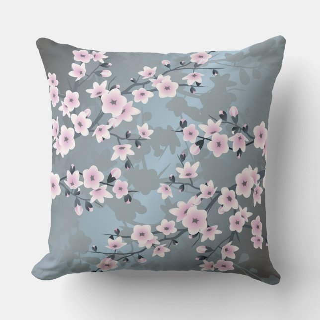 Cherry Blossom Dusky Pink Grayish Blue Floral Kussen (Voorkant)