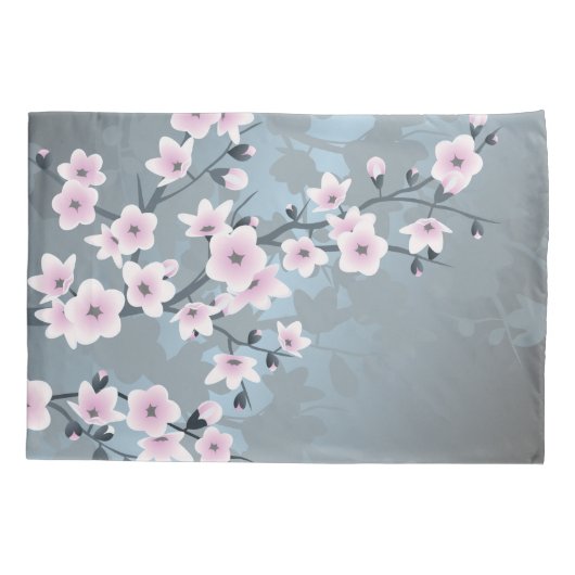 Cherry Blossom Dusky Pink Grayish Blue Floral Kussensloop (Achterkant-Links)