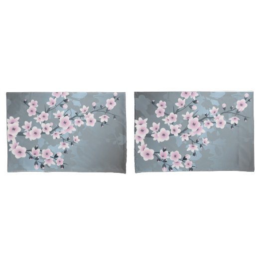 Cherry Blossom Dusky Pink Grayish Blue Floral Kussensloop (Voorkant-Set)