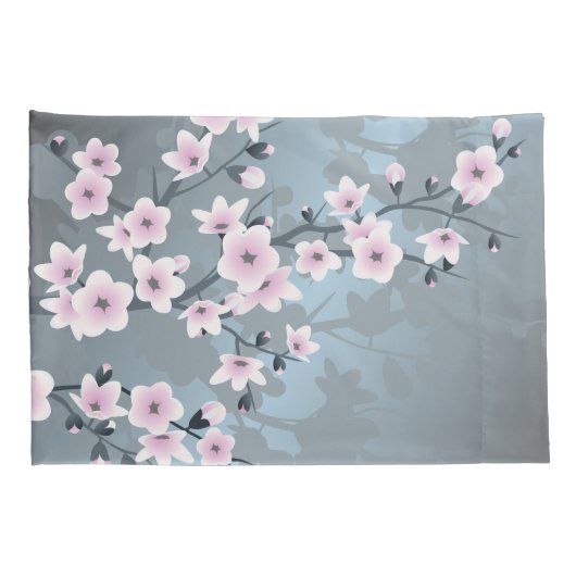 Cherry Blossom Dusky Pink Grayish Blue Floral Kussensloop (Achterkant-Rechts)