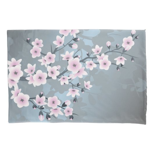 Cherry Blossom Dusky Pink Grayish Blue Floral Kussensloop (Voorkant-Links)