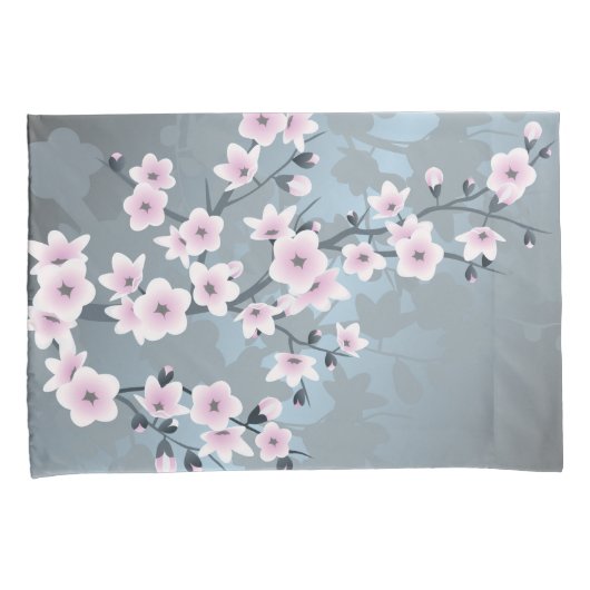 Cherry Blossom Dusky Pink Grayish Blue Floral Kussensloop (Voorkant-Rechts)