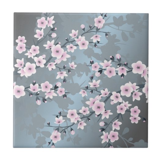 Cherry Blossom Dusky Pink Slate Blue Floral Tegeltje (Voorkant)