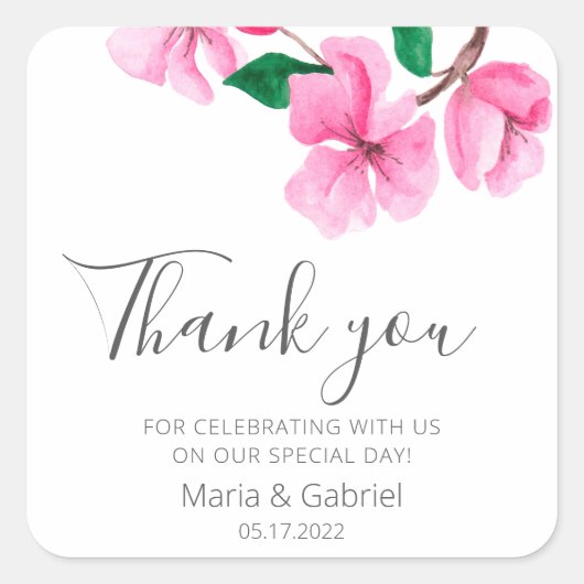 Cherry Blossom. Elegante bloemenbruiloft dank u Vierkante Sticker (Voorkant)